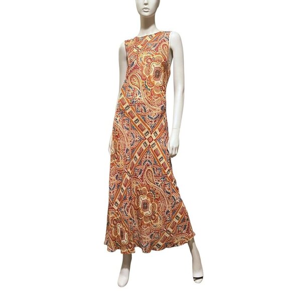 Y2K Silk Maxi Dress 14 Bias Cut Sleeveless Paisley Preppy Old Money 100% Silk